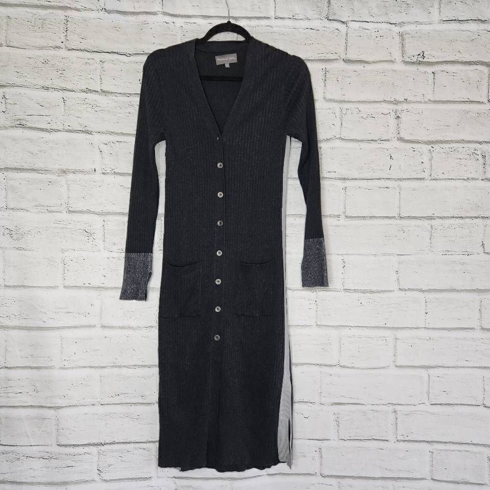 Michael Stars Women's Gray Long Sleeve Ribbed Duster V-Neck Long Cardigan Size S